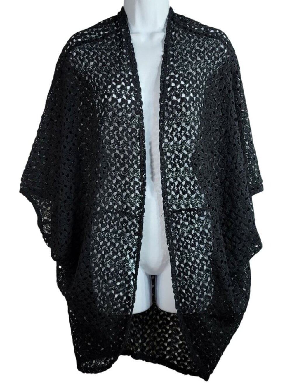 Easel Womens Boho Open Knit Crochet Top Black Large Sheer Short Sleeve Dolman